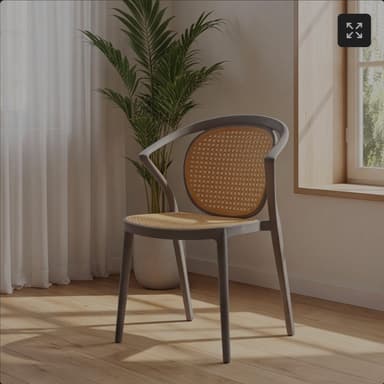 A contemporary armchair featuring a grey molded frame with integrated armrests and legs, complemented by natural woven cane seat and back panels. — 3D model
