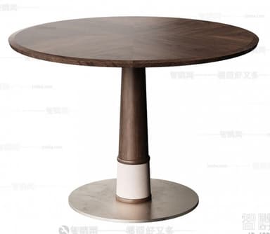 A modern round dining table featuring a dark brown wood top with a distinctive radial grain pattern. The table is supported by a central pedestal base, which transitions from a dark wood column to a contrasting lighter-colored band, and then to a round, brushed metal disc foot. — 3D model