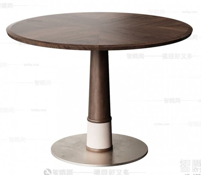 A modern round dining table featuring a dark brown wood top with a distinctive radial grain pattern. The table is supported by a central pedestal base, which transitions from a dark wood column to a contrasting lighter-colored band, and then to a round, brushed metal disc foot. — 3D model