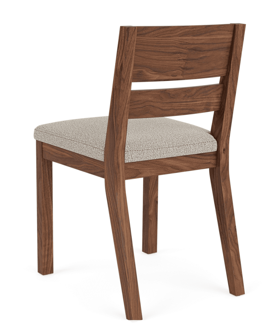 A modern dining chair constructed from walnut wood, featuring an upholstered seat in a light grey or beige fabric and a backrest with two horizontal slats. — 3D model