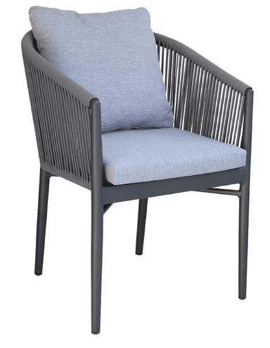 A contemporary outdoor lounge chair featuring a dark grey powder-coated metal frame and a tightly woven synthetic grey rope forming the backrest and armrests. It includes a light grey fabric seat cushion and a matching back cushion for comfort. The chair's design emphasizes durability and modern aesthetics suitable for exterior environments. — 3D model