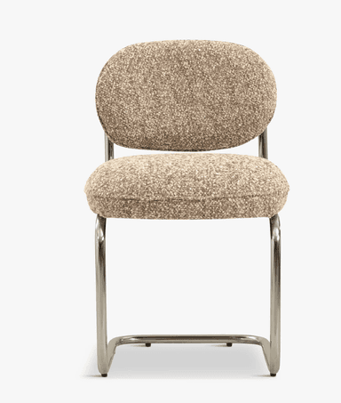 A modern accent chair featuring a cantilever base and upholstered seat and back. The frame is constructed from polished tubular metal, forming a cantilevered structure that supports the seat and backrest. The seat and backrest are generously padded and upholstered in a textured, speckled fabric. — 3D model