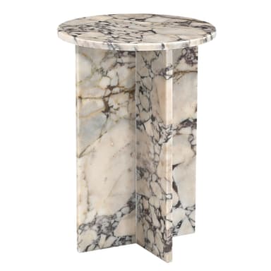 A small, round side table crafted entirely from marble. It features a circular top and a distinctive monolithic base composed of two flat, intersecting marble slabs that form a stable support. The marble exhibits a striking natural pattern with prominent veining in white, grey, and purplish-brown tones. — 3D model