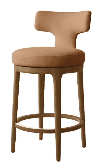 A contemporary bar stool featuring a rounded, padded seat and a distinctive, sculptural backrest, both upholstered in a warm, light brown or camel-colored fabric. The seat is supported by a natural finish wooden base that includes four slender, outwardly splayed and tapered legs, reinforced by a circular wooden footrest ring. The design suggests a swivel mechanism between the upholstered top and the wooden base. — 3D model