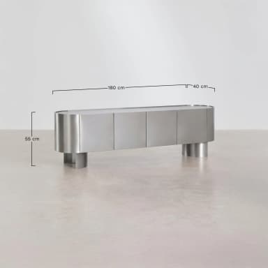 A contemporary sideboard with a sleek, elongated oval form. It features a brushed metal exterior with a series of vertical door panels and rests on two substantial, cylindrical pedestal legs, one at each end. The top surface appears smooth and continuous, possibly a different material or finish than the body. — 3D model