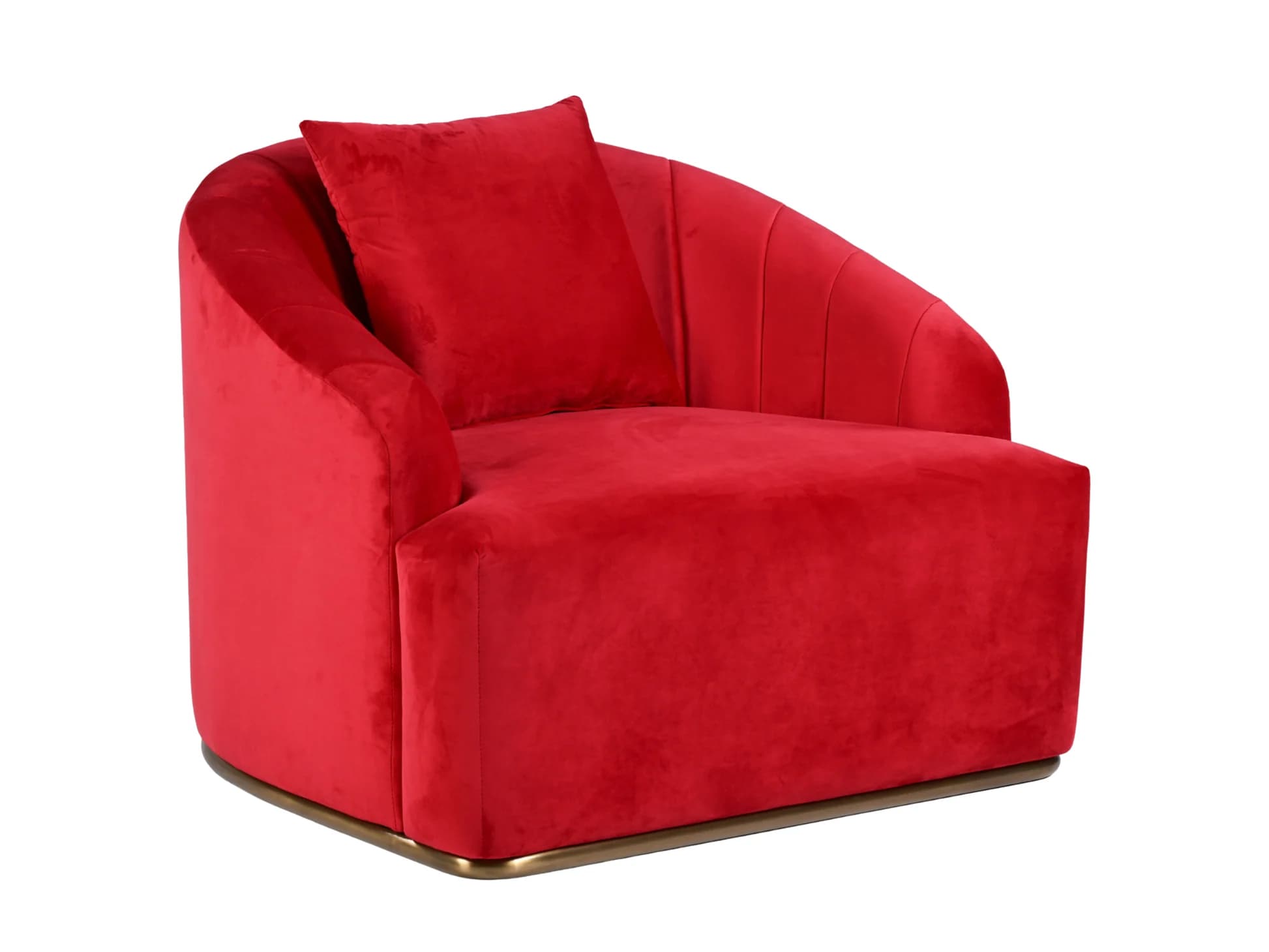 A vibrant red velvet armchair featuring a rounded, club-chair silhouette with a deeply cushioned seat and back. The exterior backrest is detailed with vertical channel tufting, creating a fluted effect. The chair rests on a low, recessed plinth base finished in a metallic brass tone. A matching square throw pillow is included. — 3D model