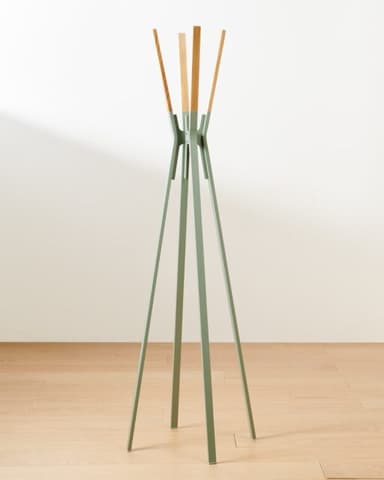 A freestanding coat rack with a base composed of multiple slender legs that converge upwards. The upper section features several wooden dowels or pegs extending upwards and outwards, likely for hanging items. The main body and legs appear to be made of metal or plastic, with a pale green or gray finish. — 3D model