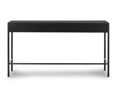 A modern black desk featuring a rectangular top with integrated storage, supported by a slim black metal frame. The desk includes two drawers with brass knob handles and a central open compartment. Its minimalist design is suitable for contemporary interiors. — 3D model