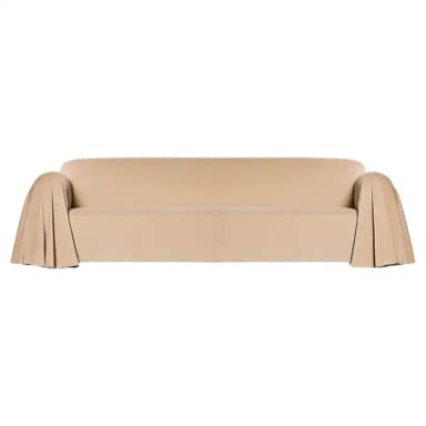 A minimalist two to three-seater sofa characterized by a soft, draped fabric cover in a light beige or ecru color. The design features a continuous seat cushion, a gently sloped backrest, and arms defined by the fabric's natural fall, creating a fluid and contemporary aesthetic. — 3D model