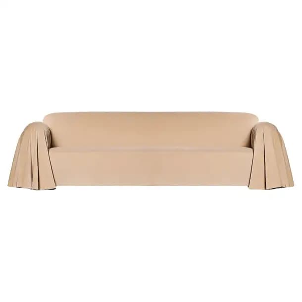 A minimalist two to three-seater sofa characterized by a soft, draped fabric cover in a light beige or ecru color. The design features a continuous seat cushion, a gently sloped backrest, and arms defined by the fabric's natural fall, creating a fluid and contemporary aesthetic. — 3D model