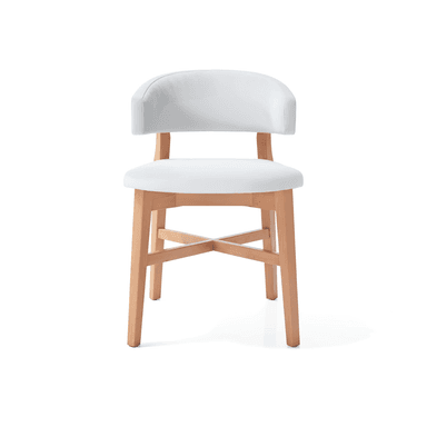 A modern armchair with a curved backrest and seat, supported by a wooden frame. The seat and backrest appear to be upholstered in a dark material, possibly leather or a synthetic imitation, with a lighter, possibly white or light gray, upholstered outer shell on the back. The frame consists of four legs connected by crossbars, with the back legs extending upwards to form the support for the backrest. The wood is light-colored and has a smooth finish. — 3D model