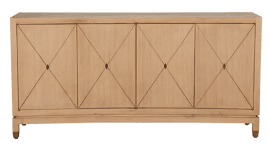 A long, low credenza with four cabinet doors. The doors feature an inlaid geometric pattern of intersecting lines forming diamonds, with a small circular accent at each intersection. The credenza is supported by a plinth base and four tapered legs, each with brass-colored caps. The wood grain is visible and runs horizontally on the doors and vertically on the sides. The overall design suggests a modern or transitional style. — 3D model