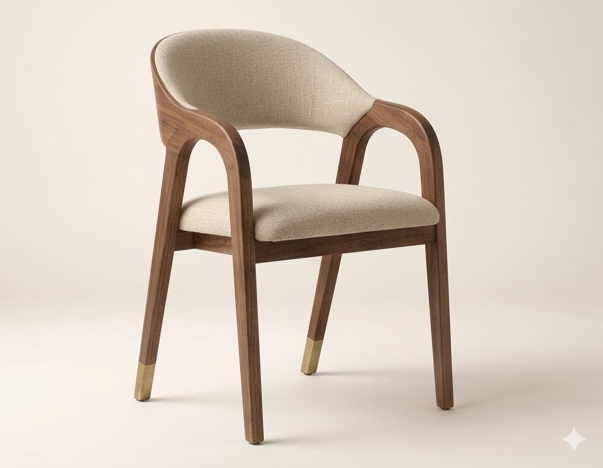 A modern armchair with a curved wooden frame and upholstered seat and backrest. The chair features elegantly shaped armrests that extend from the back frame and form the front legs. The seat and back are upholstered in a light-colored, textured fabric. The wooden legs have decorative brass caps at the base. — 3D model