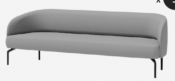 A contemporary sofa featuring a sleek, minimalist design with light gray fabric upholstery. It has an asymmetrical form with a backrest that curves smoothly into an integrated armrest on one side, while the other side is armless. The sofa is supported by slender, angled black metal legs, giving it a modern and airy appearance. — 3D model