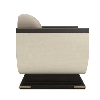 An Art Deco inspired barrel-shaped accent chair, featuring a plush upholstered interior in a neutral beige/taupe fabric, contrasting with a craquelure-finished exterior shell. The chair includes dark wood armrests with a slight sheen and sits on a squared, dark-colored plinth base accented with brass details on each side. — 3D model
