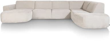 A sectional sofa, viewed from the rear, configured in an L-shape. It features a light beige upholstery with a textured finish. The sofa has a modular design with distinct cushioned sections. The backrests are low and straight, with visible stitching indicating the panel construction. The armrests are slightly rounded and integrated into the main body of the sofa. The base is low to the ground and appears to have small, dark feet. — 3D model