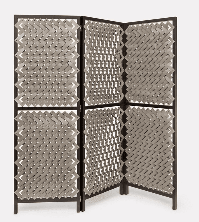 A four-panel folding screen, also known as a room divider. Each panel features a dark, thin frame encasing a woven pattern constructed from interlocking, rectangular strips. The woven material creates a semi-opaque, lattice-like texture, allowing light to pass through. The panels are connected by visible hinges, allowing the screen to be folded for storage or adjusted for use. — 3D model
