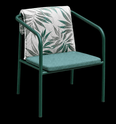 A modern armchair featuring a minimalist design with a tubular metal frame finished in a dark green color. It includes a detachable seat cushion in a teal/green fabric and a back cushion with a white base and a prominent green botanical leaf pattern, draped over the backrest. The frame forms integrated armrests, and the legs are straight with simple feet. — 3D model