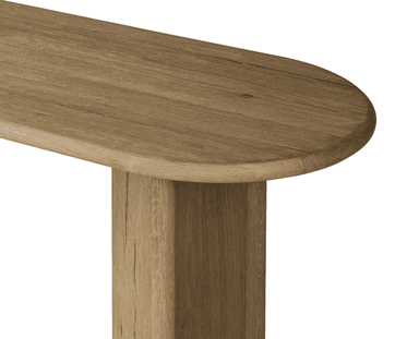 A long, narrow console table with an organically shaped, slightly rounded rectangular top. The table has two thick, solid legs that are columnar and cylindrical in form, with the front face of each leg being flat and extending down to the floor with a subtle curve. The wood grain is pronounced, suggesting a natural, possibly reclaimed wood material. — 3D model