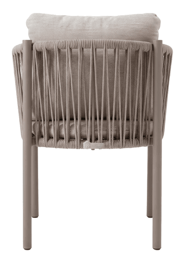 A modern armchair featuring a sleek metal frame with armrests and backrest wrapped in tightly woven rope. It includes comfortable, removable cushions for the seat and back, upholstered in a light gray textured fabric. The chair has straight, slender legs. — 3D model