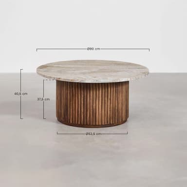 A round coffee table featuring a natural marble top with varied veining and a cylindrical base constructed from vertical fluted wooden slats. The table is relatively low, suitable for a living room setting. — 3D model