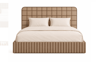 A modern upholstered bed frame with a distinctively patterned headboard and base. The headboard features a grid of square-shaped upholstery in a light tan color with darker brown piping outlining each square. The bed frame itself has a vertical striped pattern in alternating shades of brown and tan. It is dressed with cream-colored bedding, including two pillows and a duvet. Two matching bedside tables with red drawers and light-colored drawer fronts are positioned on either side of the bed. The overall aesthetic suggests a contemporary or retro-inspired design. — 3D model