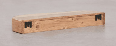 A semi-circular wall shelf constructed from solid wood. The front edge features a live-edge, natural contour, while the sides appear to be joined with clean cuts. The wood grain is visible, displaying variations in color and pattern. — 3D model