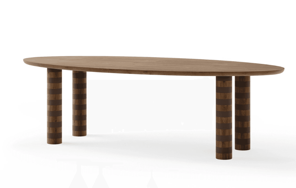 A dining table with an oval-shaped wooden top and four cylindrical legs. The legs feature a decorative striped pattern created by alternating bands of lighter and darker wood or wood-like material. — 3D model