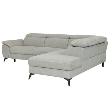 An L-shaped sectional sofa upholstered in light grey fabric, featuring multiple plush cushions, individual adjustable backrests, and slender black metal legs. The configuration includes a chaise extension on one end. — 3D model