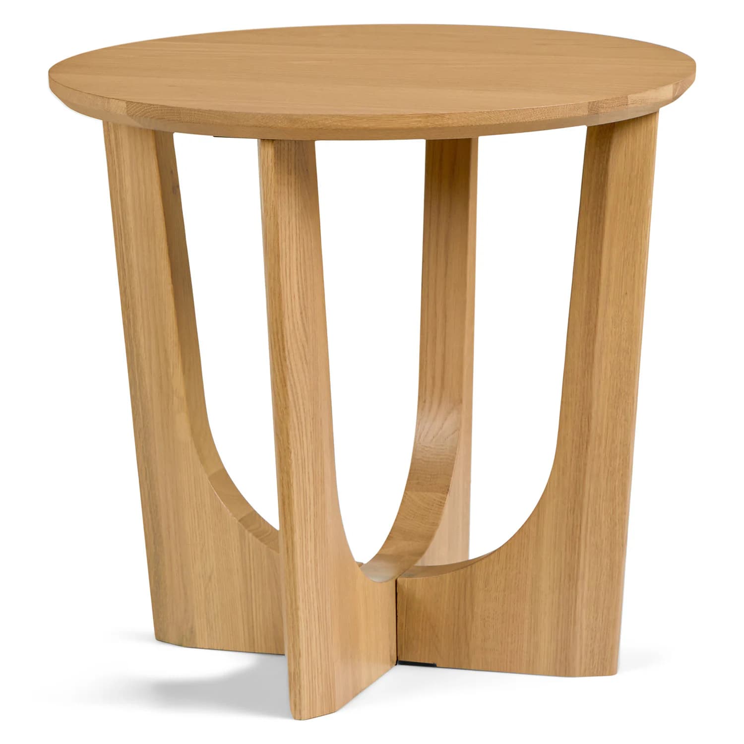 A round wooden side table with a light wood finish. It features a solid, curved top and a base composed of four elegantly curved legs that intersect and spread outwards at the bottom, creating an open and sculptural form. The wood grain is visible and runs vertically along the legs and horizontally across the tabletop. The construction appears solid and the design is contemporary with organic influences. — 3D model