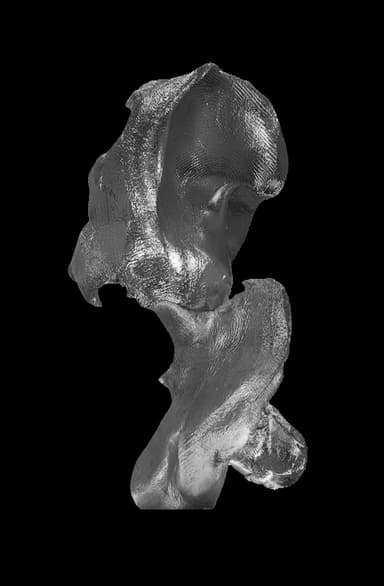 A three-dimensional abstract sculpture crafted from a metallic material, exhibiting a highly irregular, organic, and fluid form. The entire surface is covered in a distinct ripple-like or fingerprint-like texture, creating a sense of movement and tactile interest. The object displays varying depths and undulations, with some areas appearing more convex and others concave, contributing to its complex silhouette. The metallic finish reflects light, highlighting its sculptural qualities. — 3D model