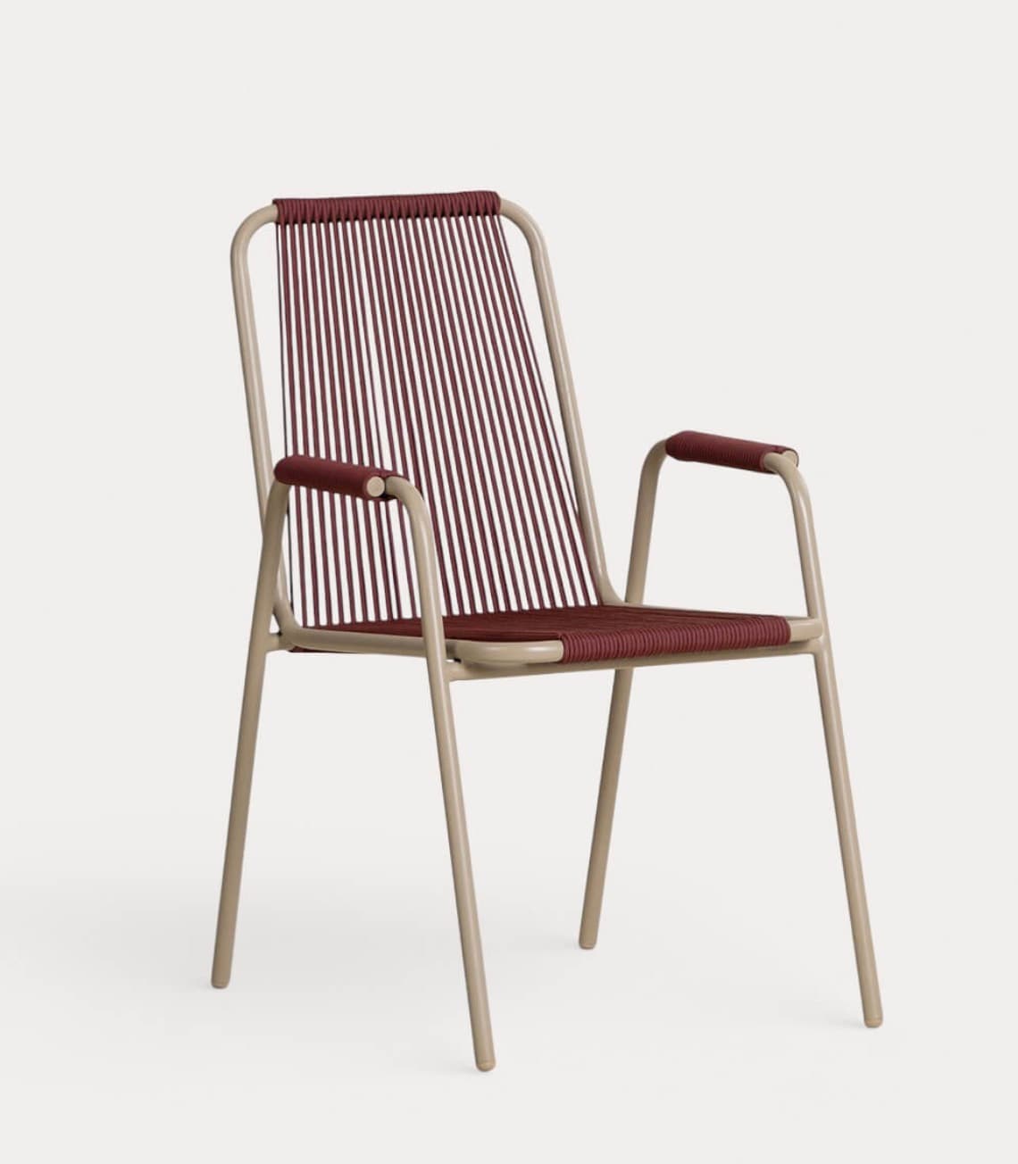 A modern armchair with a tubular metal frame and a woven cord seat and backrest. The frame is a neutral beige color, while the seat, backrest, and armrests are covered in dark red cords arranged vertically on the backrest and horizontally on the seat. — 3D model
