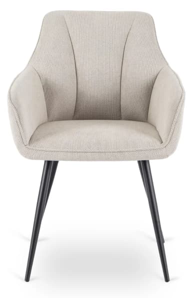 A contemporary dining chair featuring a light-colored, textured fabric upholstery and slender black metal legs. The chair has a gently curved backrest that seamlessly integrates into subtle armrests, forming a bucket-style seat. The visible texture of the fabric appears to be a knit or woven pattern, providing a soft aesthetic contrast to the minimalist metal base. The legs are splayed for stability and extend downwards in a clean, tapered profile. — 3D model
