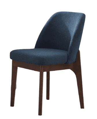 A modern dining chair with a curved, upholstered backrest and seat. The frame and legs are made of dark wood, providing a contrasting visual element to the fabric upholstery. The design is minimalist and functional. — 3D model