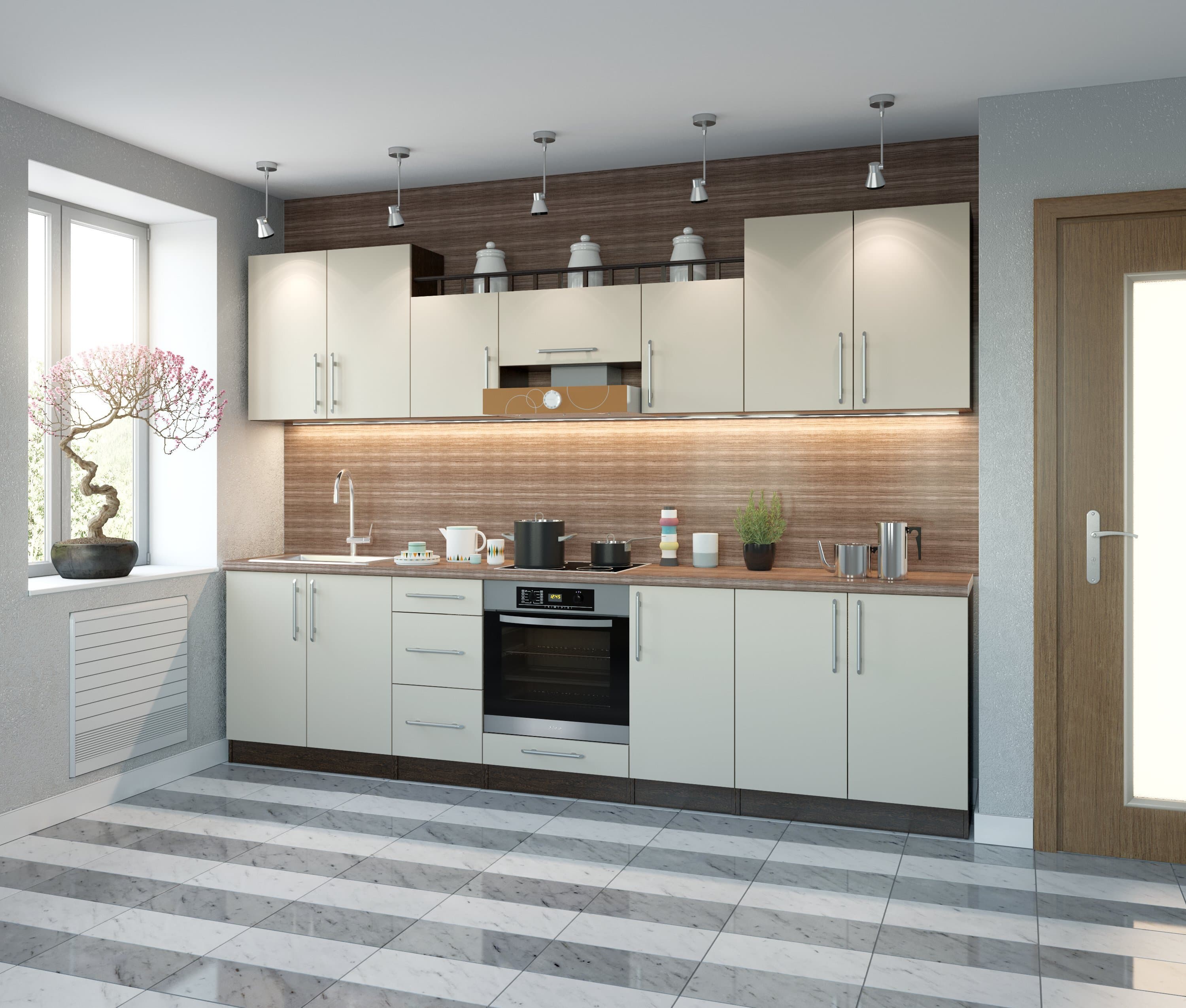 A modern kitchen cabinet set featuring a combination of upper and lower cabinets, integrated oven, and backsplash. The cabinets have a clean, minimalist design with handleless or integrated handles. The backsplash appears to be made of wood-effect panels illuminated by strip lighting. Several kitchen appliances and accessories are visible on the countertop. — 3D model
