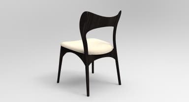 A contemporary dining chair featuring a dark-stained wood frame and a light-colored upholstered seat. The chair has a distinctive sculpted backrest with a central cut-out, offering an elegant and modern aesthetic. Its legs are slender and tapered, contributing to a sleek profile. — 3D model