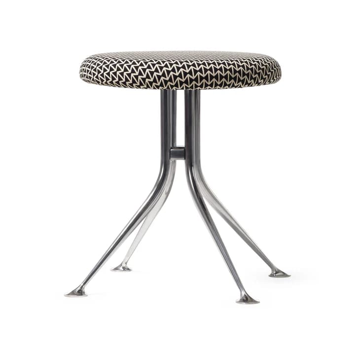 A modern stool with a round, upholstered seat and a distinctive base. The seat features a geometric pattern in black and white. The base consists of three slender, curved metal legs that meet at a central point, with each leg terminating in a small, foot-like base. — 3D model