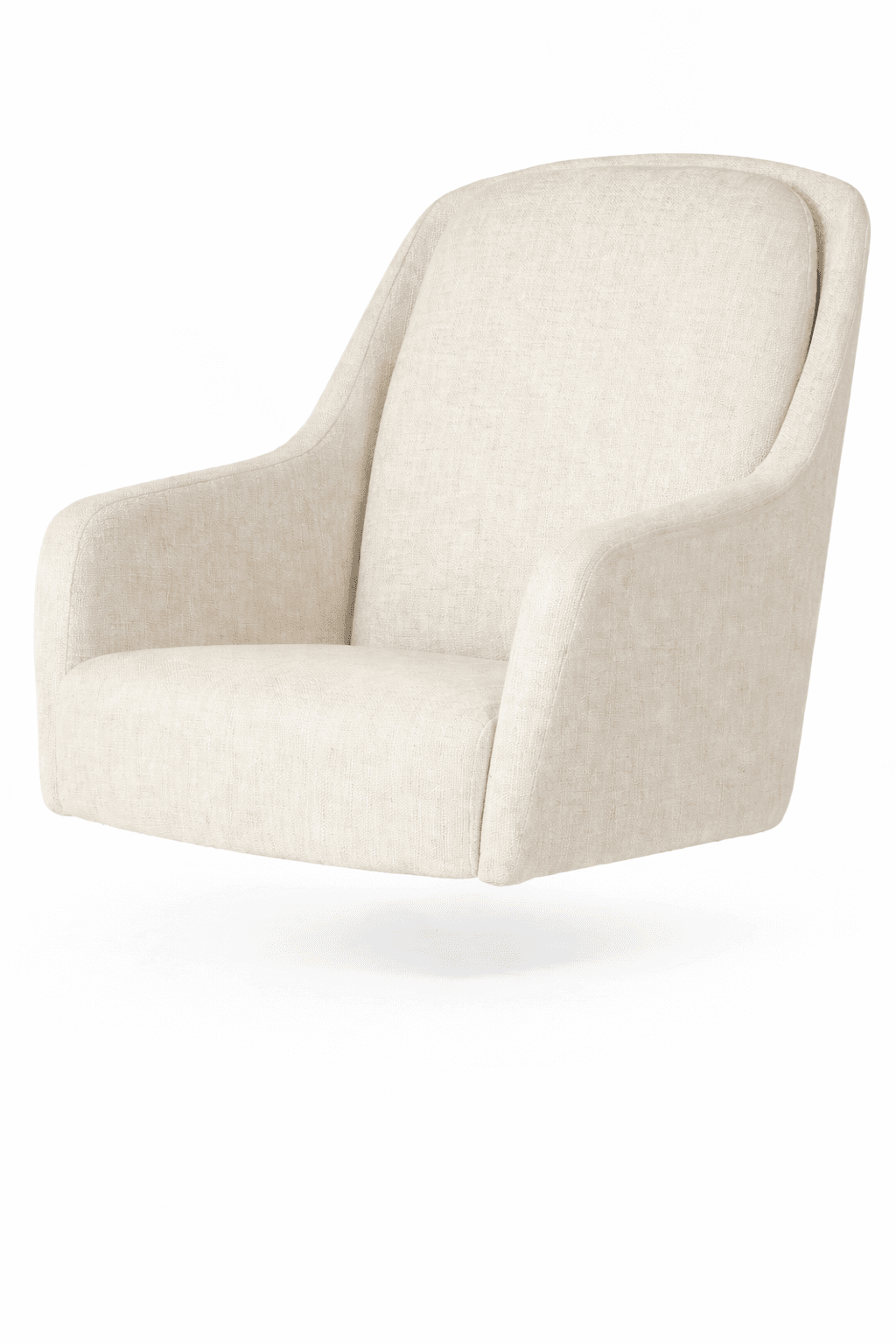 A cream-colored armchair with a rounded back and arms, upholstered in a textured fabric. The chair has a compact, modern design, appearing to be a single-piece construction without visible legs, suggesting it might be a swivel or base-mounted chair. The upholstery is clean and shows no signs of wear. — 3D model