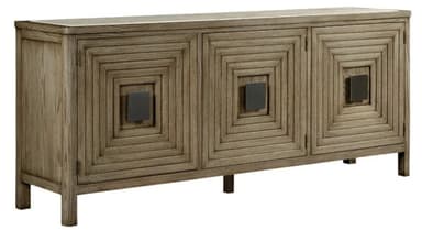 A three-door credenza with a light-colored, possibly stone or marble, top. The front features a geometric design with concentric squares carved into the wood panels of each door. Each door has a dark, square handle centered within the innermost square. — 3D model