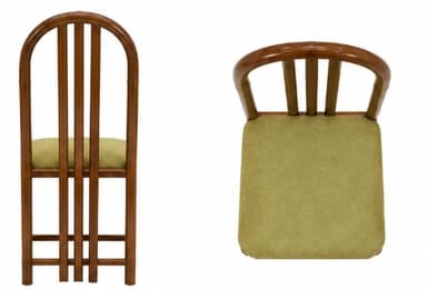 A wooden dining chair with an arched, slatted backrest and an upholstered seat, featuring straight legs reinforced with stretchers. — 3D model