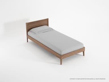 A minimalist platform bed featuring a light-toned wooden frame, a simple solid headboard, and four tapered wooden legs. A light gray mattress and pillow are present on the bed frame. — 3D model
