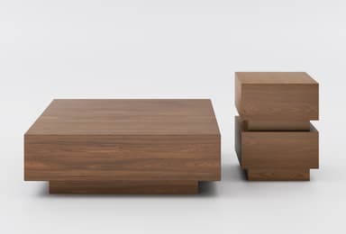 A minimalist, square coffee table constructed from wood veneer, featuring a low-profile design and a recessed plinth base that creates a floating effect. The table exhibits a medium-brown wood grain finish. — 3D model
