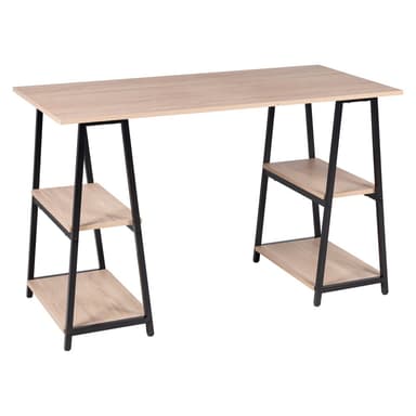 A multi-tiered shelving unit featuring four rectangular shelves with a light wood-effect finish, supported by a sturdy black metal frame. The design is simple and functional, with an open back and sides. — 3D model