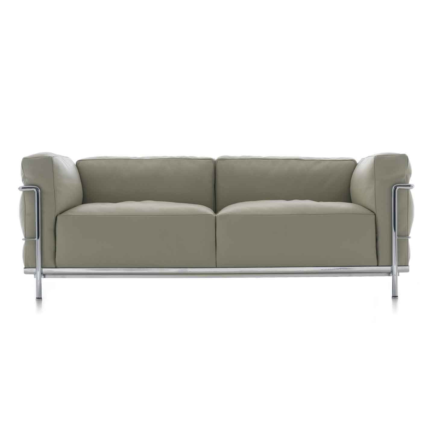 A modern two-seater sofa with a minimalist design. It features a sleek, low-profile silhouette with plush seat and back cushions. The sofa is supported by a polished chrome frame that extends to form the armrests. The upholstery appears to be a smooth, matte leather in a neutral taupe or greyish-green hue. — 3D model