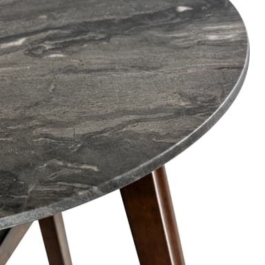 A round counter-height table featuring a dark, textured slate-effect tabletop resting on a sturdy wooden base with four tapered legs. The legs are connected by a reinforcing X-shaped stretcher located about halfway down the legs. The wood has a dark brown finish. — 3D model