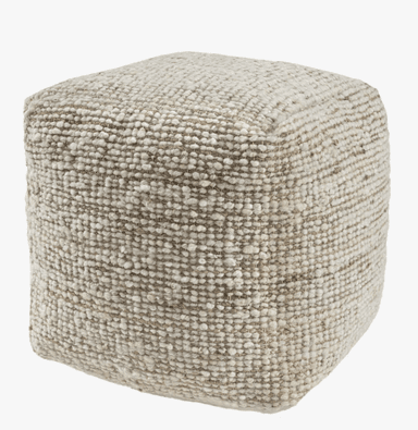 A cube-shaped pouf featuring a chunky, woven textile exterior in a neutral cream and natural beige color palette, providing a textural and versatile seating or footrest option. — 3D model