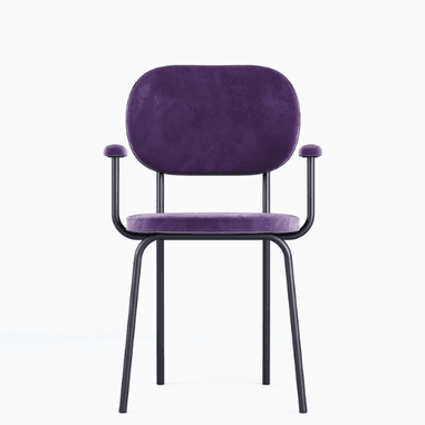 A modern armchair with a velvet upholstery in a deep purple color. The chair features a rounded backrest and seat, with slightly curved armrests that transition into a polished metal frame. The frame has a U-shaped base that supports the seat and legs. The armrest tops are also padded and upholstered. — 3D model