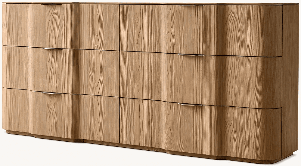 A wide, contemporary dresser featuring a distinctive wavy facade made from light-colored ash wood with a prominent grain. It includes multiple drawers and doors, each fitted with a sleek, recessed metal pull. — 3D model