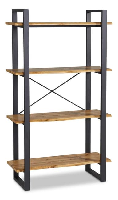 A freestanding bookshelf unit with a dark gray metal frame and four wooden shelves. The frame consists of two vertical posts on each side, connected by horizontal supports and diagonal cross bracing between the middle shelves for stability. The shelves appear to be made of solid wood with a natural finish, showcasing wood grain patterns. The unit has an open back. — 3D model