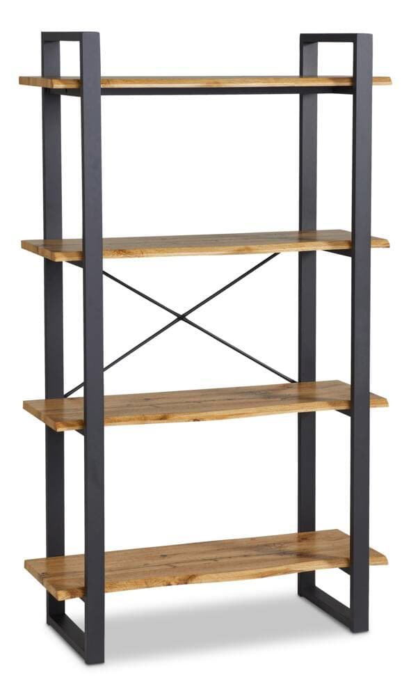 A freestanding bookshelf unit with a dark gray metal frame and four wooden shelves. The frame consists of two vertical posts on each side, connected by horizontal supports and diagonal cross bracing between the middle shelves for stability. The shelves appear to be made of solid wood with a natural finish, showcasing wood grain patterns. The unit has an open back. — 3D model